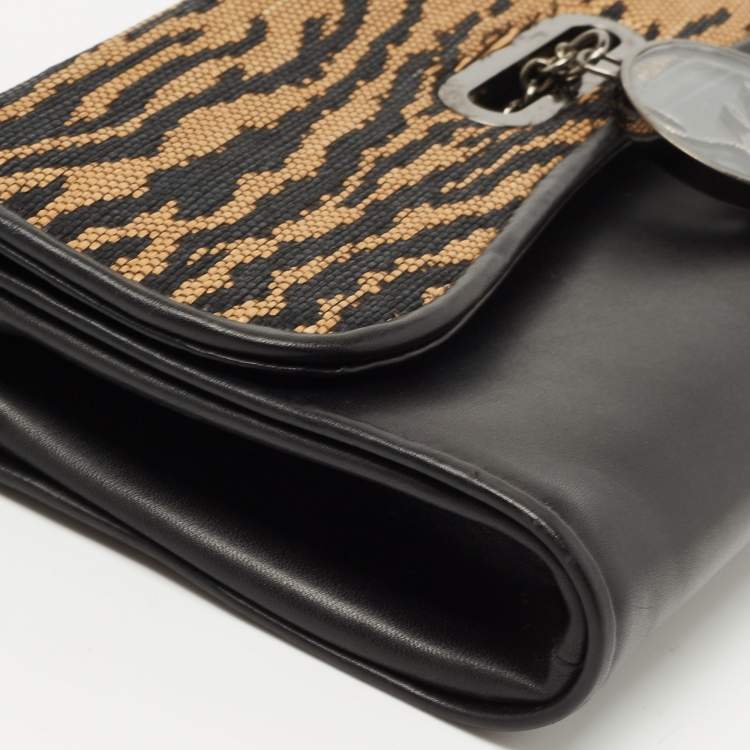 Pre Owned Christian Louboutin Black/Beige Tiger Print Raffia and Leather Riviera Chain Clutch