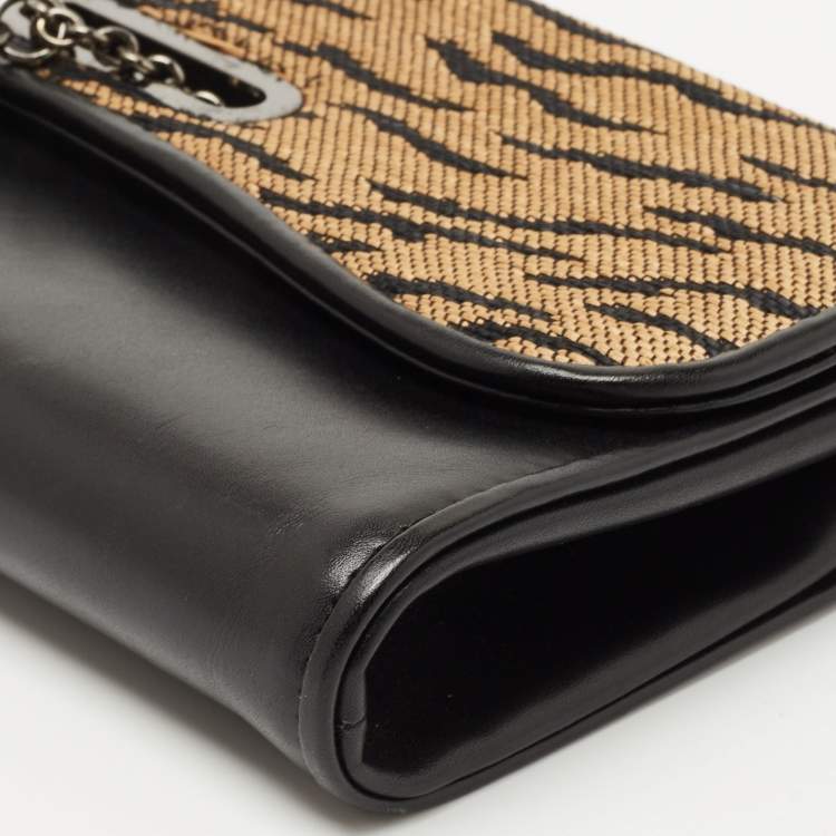 Pre Owned Christian Louboutin Black/Beige Tiger Print Raffia and Leather Riviera Chain Clutch