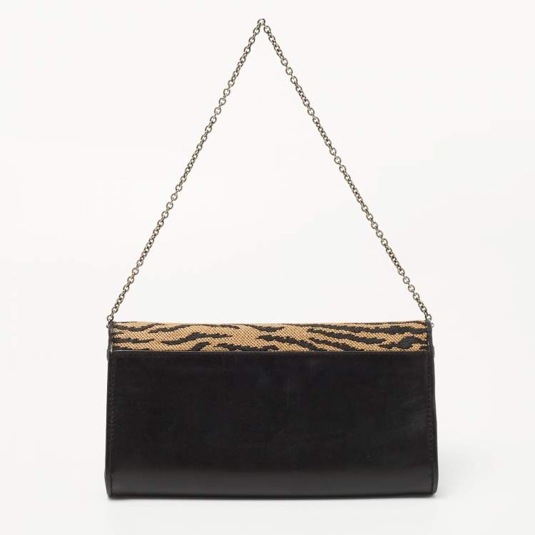 Pre Owned Christian Louboutin Black/Beige Tiger Print Raffia and Leather Riviera Chain Clutch