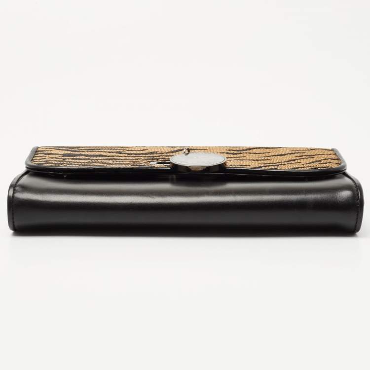 Pre Owned Christian Louboutin Black/Beige Tiger Print Raffia and Leather Riviera Chain Clutch