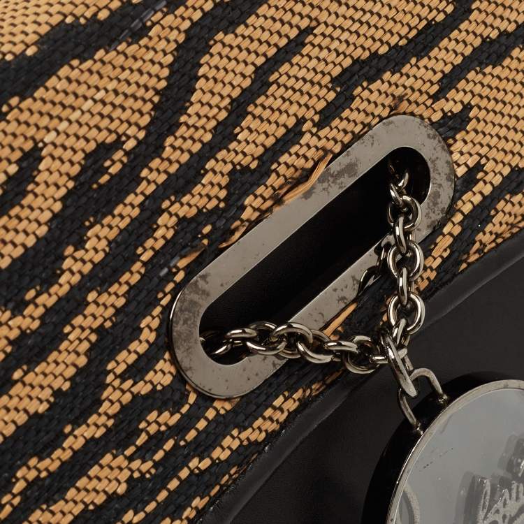 Pre Owned Christian Louboutin Black/Beige Tiger Print Raffia and Leather Riviera Chain Clutch