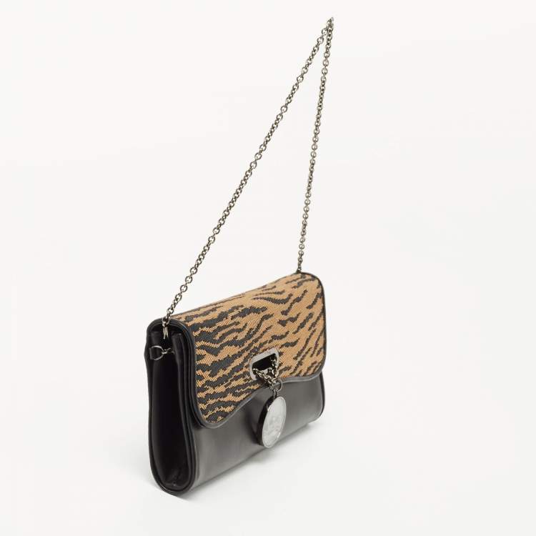 Pre Owned Christian Louboutin Black/Beige Tiger Print Raffia and Leather Riviera Chain Clutch
