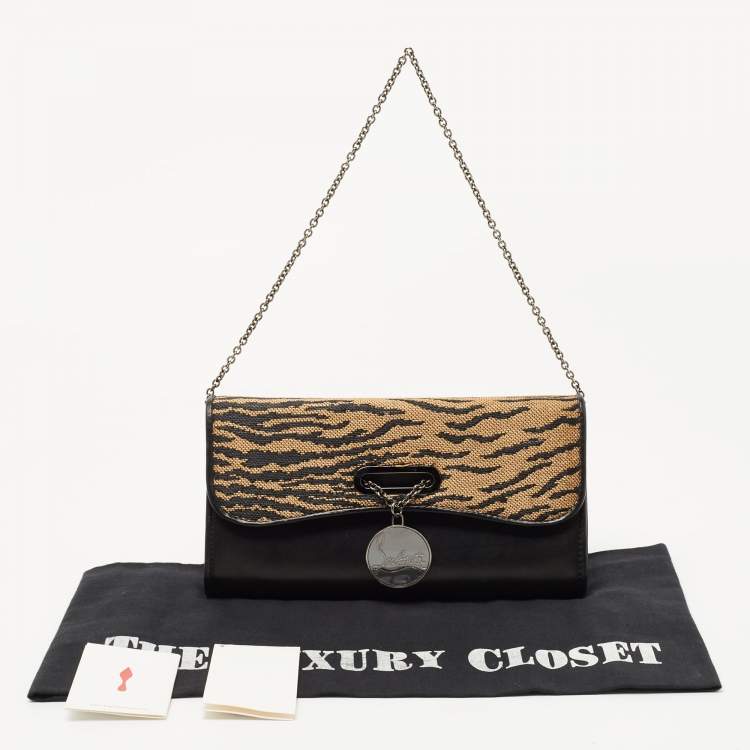 Pre Owned Christian Louboutin Black/Beige Tiger Print Raffia and Leather Riviera Chain Clutch