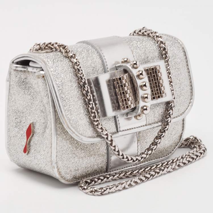 Pre Owned Christian Louboutin Silver Patent and Leather Mini Spiked Sweet Charity Crossbody Bag