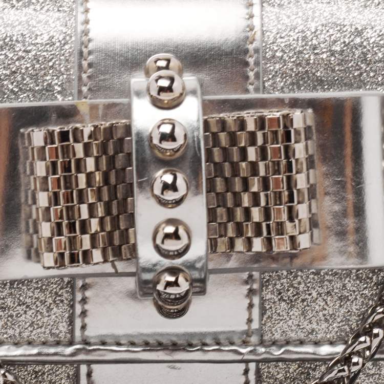 Pre Owned Christian Louboutin Silver Patent and Leather Mini Spiked Sweet Charity Crossbody Bag