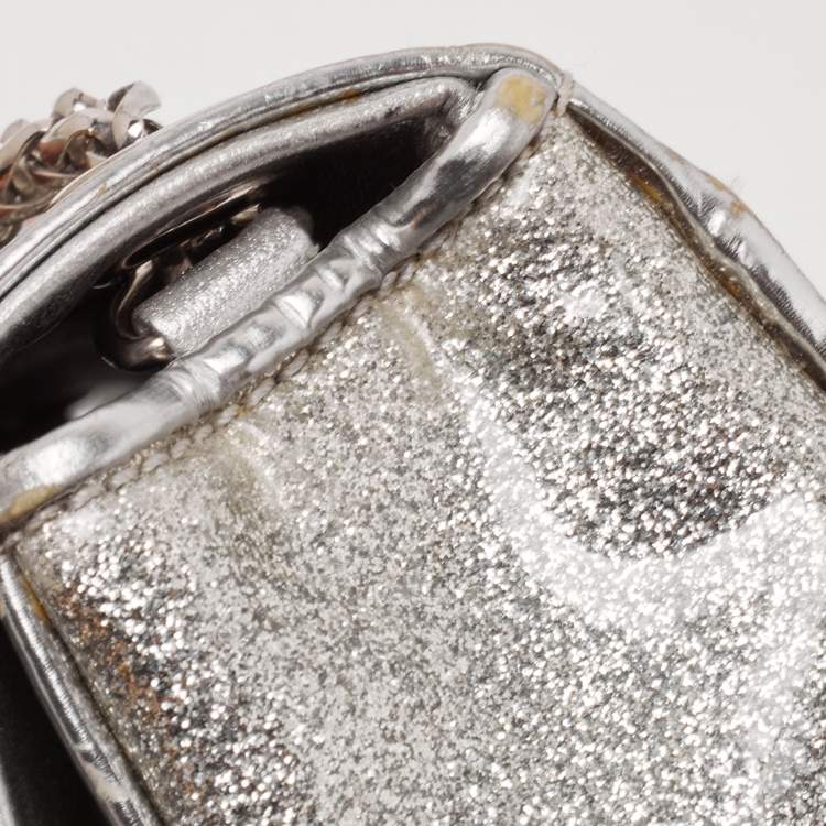 Pre Owned Christian Louboutin Silver Patent and Leather Mini Spiked Sweet Charity Crossbody Bag