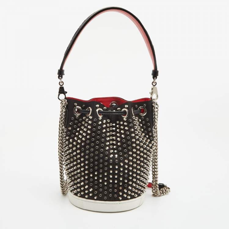 Pre Owned Christian Louboutin Black Satin Studded Marie Jane Bucket Bag