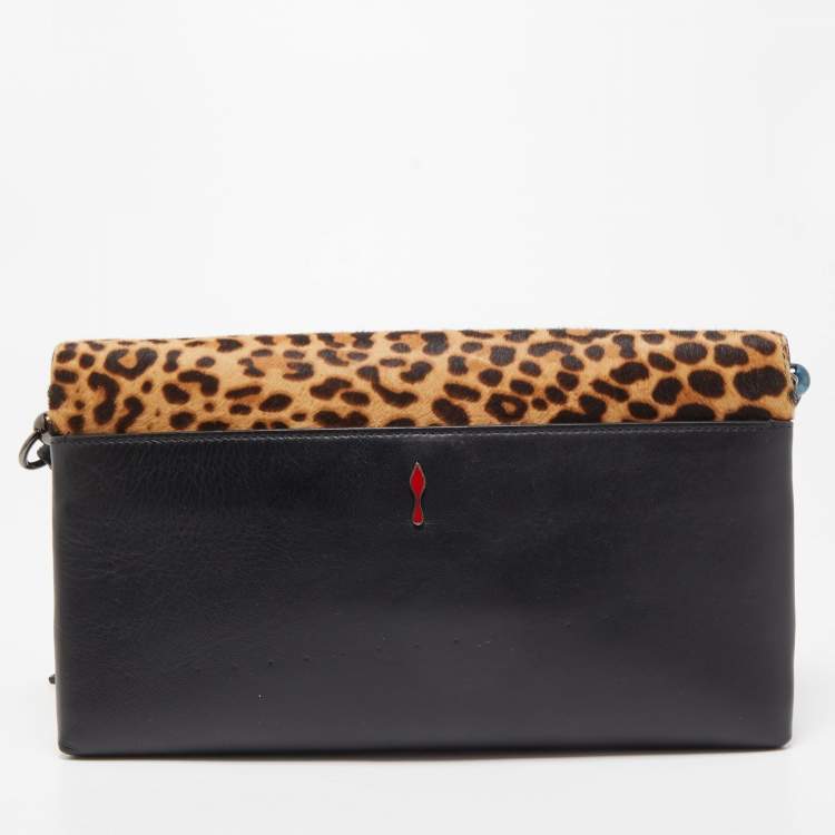 Pre Owned Christian Louboutin Brown/Black Leopard Print Calfhair and Leather Rougissime Crossbody Bag
