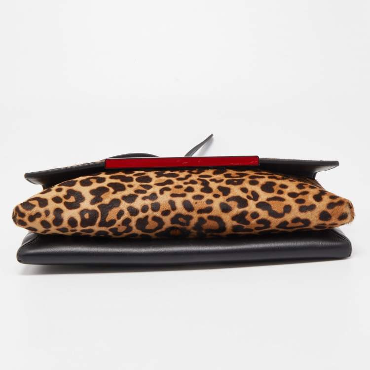 Pre Owned Christian Louboutin Brown/Black Leopard Print Calfhair and Leather Rougissime Crossbody Bag
