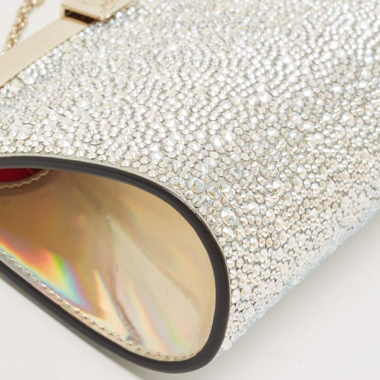 Pre Owned Christian Louboutin Silver Leather Small Crystal Embellished Moonlight Palmette Clutch 