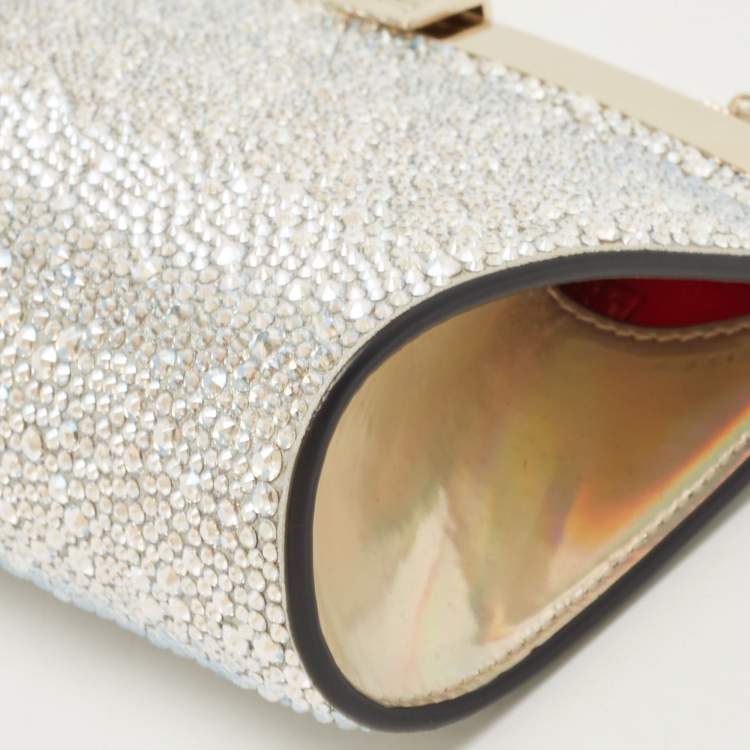 Pre Owned Christian Louboutin Silver Leather Small Crystal Embellished Moonlight Palmette Clutch 
