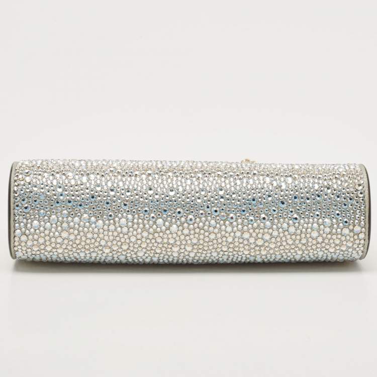 Pre Owned Christian Louboutin Silver Leather Small Crystal Embellished Moonlight Palmette Clutch 