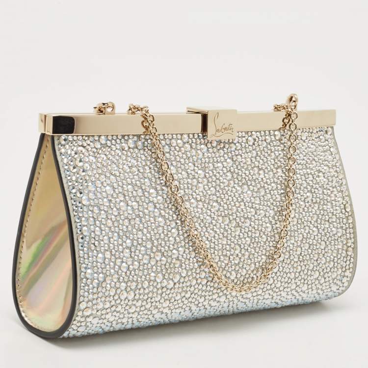Pre Owned Christian Louboutin Silver Leather Small Crystal Embellished Moonlight Palmette Clutch 