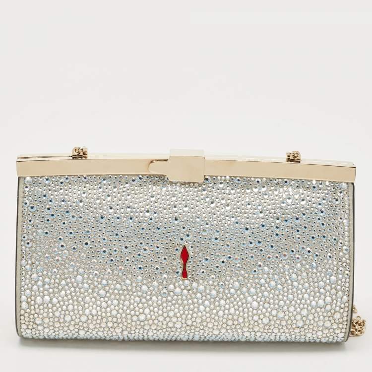 Pre Owned Christian Louboutin Silver Leather Small Crystal Embellished Moonlight Palmette Clutch 
