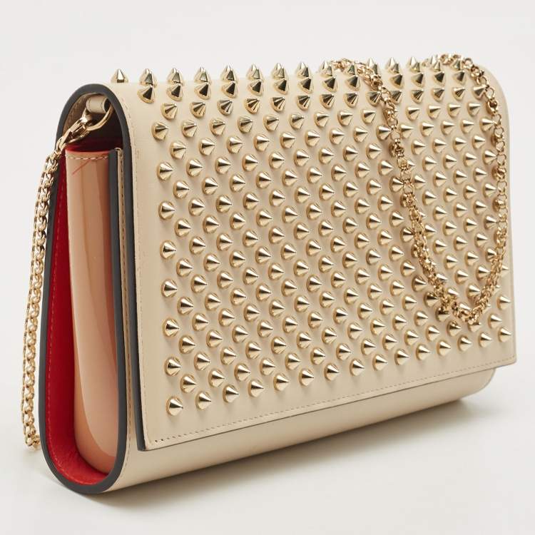 Pre Owned Christian Louboutin Beige Leather and Patent Paloma Spiked Chain Clutch