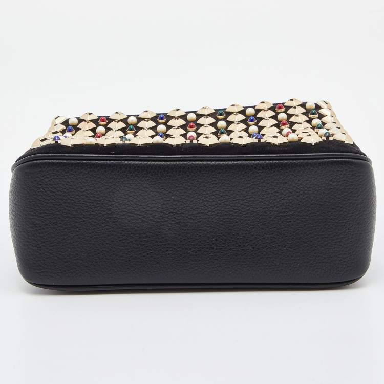 Pre Owned Christian Louboutin Black Leather and Suede Triloubi Embellished Chain Bag