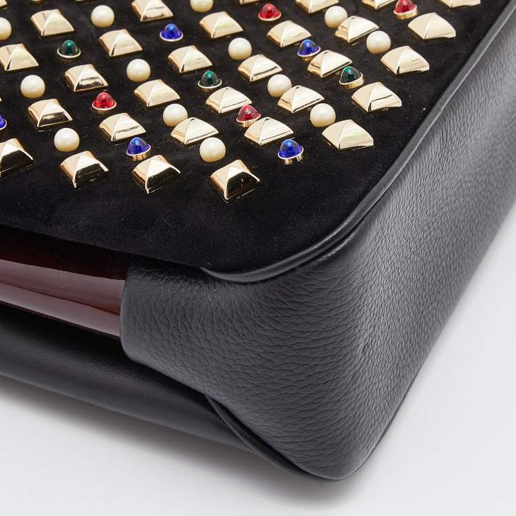 Pre Owned Christian Louboutin Black Leather and Suede Triloubi Embellished Chain Bag