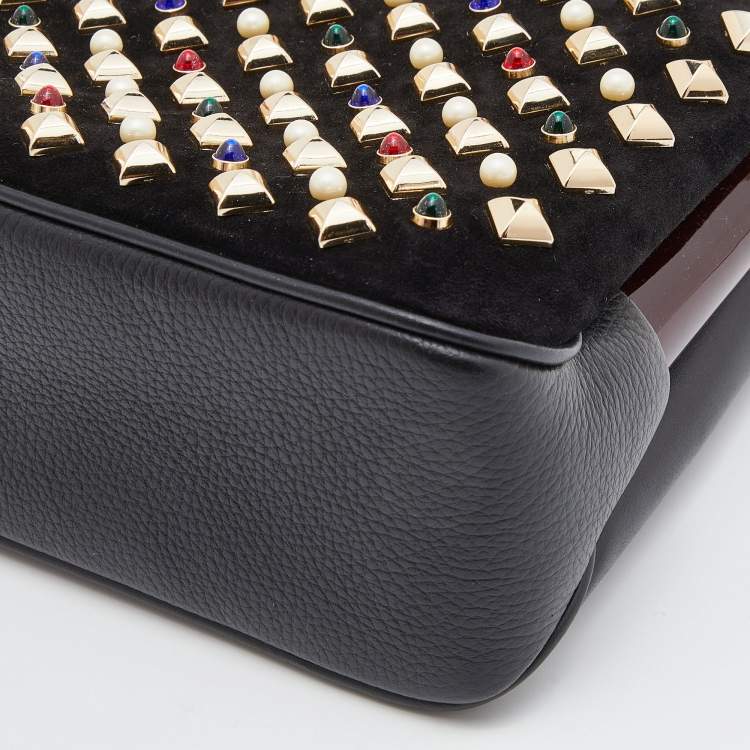 Pre Owned Christian Louboutin Black Leather and Suede Triloubi Embellished Chain Bag