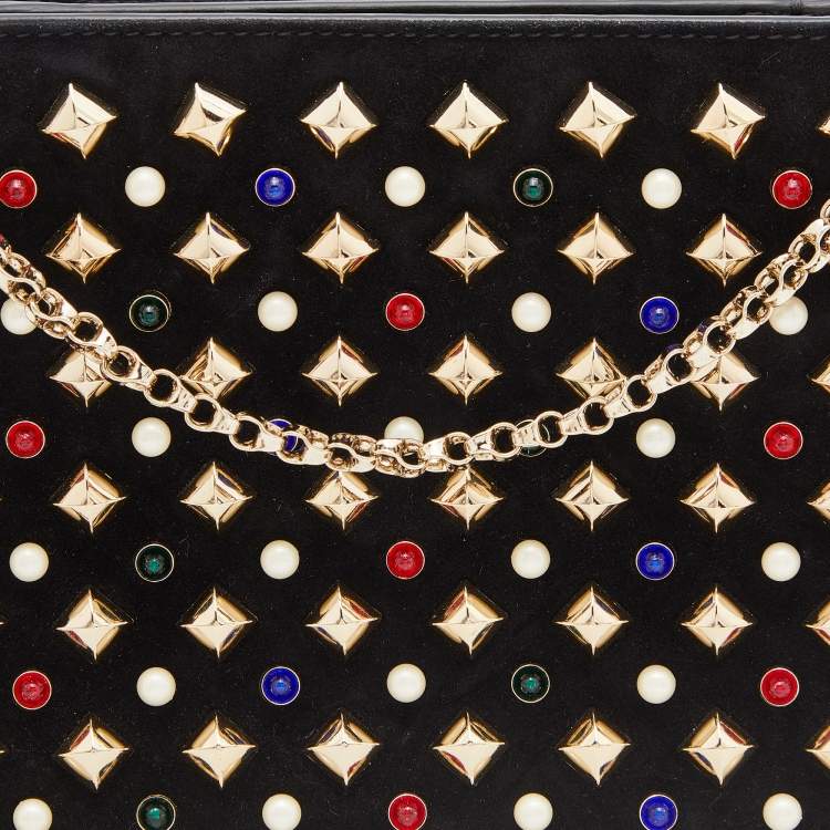 Pre Owned Christian Louboutin Black Leather and Suede Triloubi Embellished Chain Bag