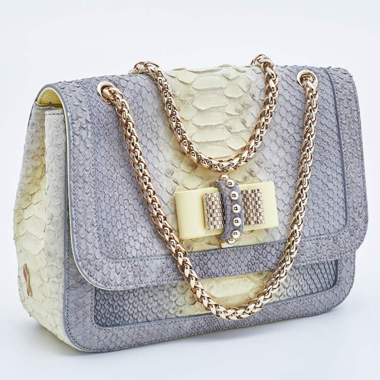 Pre Owned Christian Louboutin Grey/Yellow Python Small Sweet Charity Chain Bag
