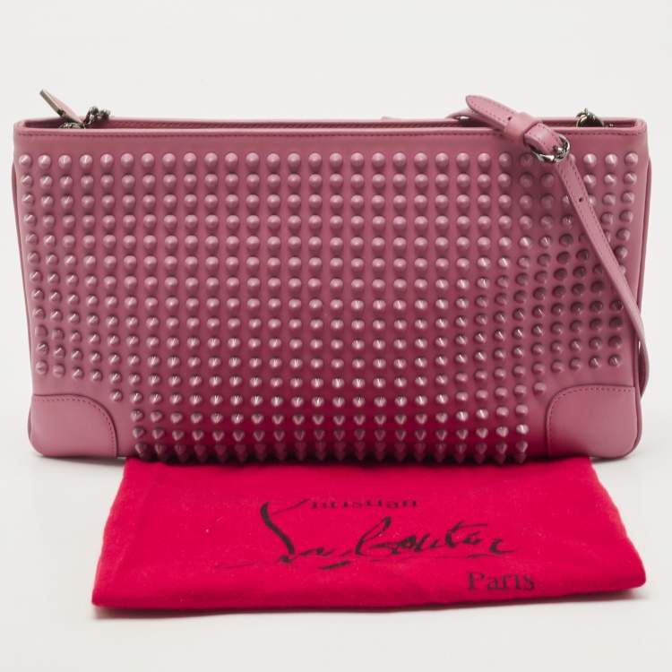 Pre Owned Christian Louboutin Pink Leather Studded Kios Zip Crossbody Bag