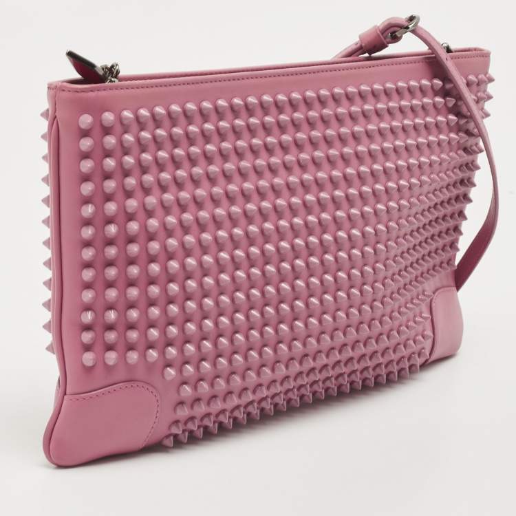 Pre Owned Christian Louboutin Pink Leather Studded Kios Zip Crossbody Bag
