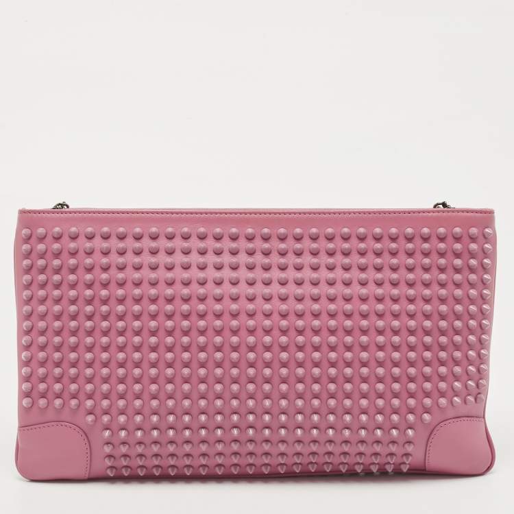 Pre Owned Christian Louboutin Pink Leather Studded Kios Zip Crossbody Bag