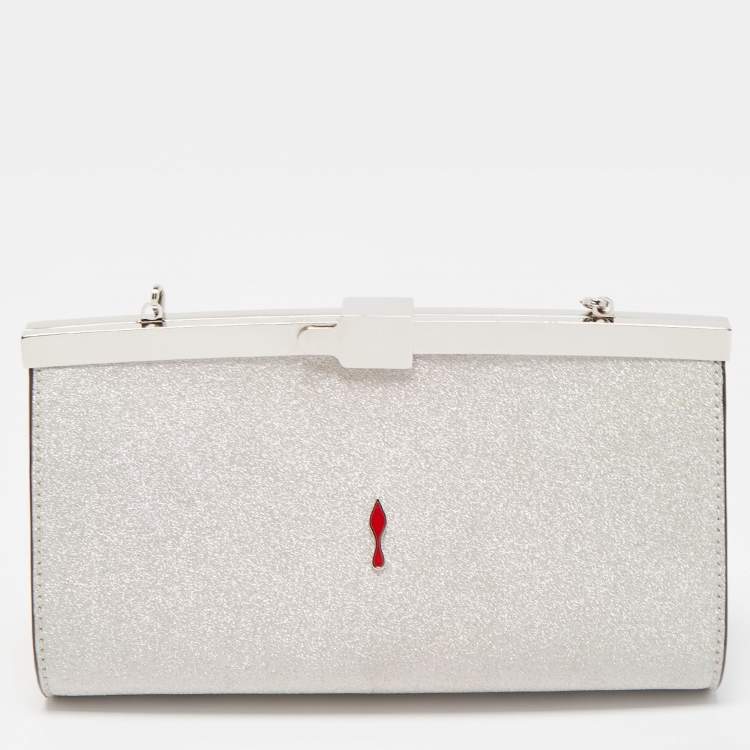 Pre Owned Christian Louboutin Silver Glitter Leather Palmette Chain Clutch