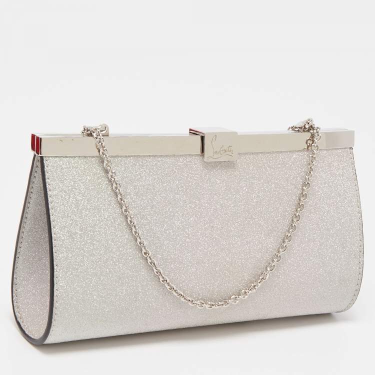 Pre Owned Christian Louboutin Silver Glitter Leather Palmette Chain Clutch