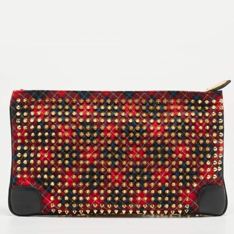 Pre Owned Christian Louboutin Multicolor Wool and Leather Loubiposh Spiked Chain Clutch