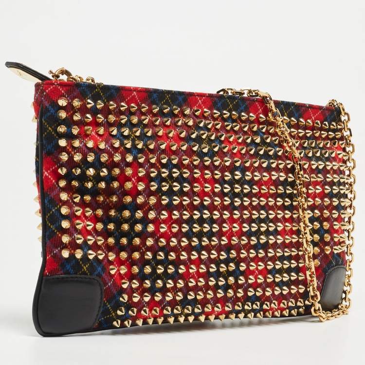 Pre Owned Christian Louboutin Multicolor Wool and Leather Loubiposh Spiked Chain Clutch