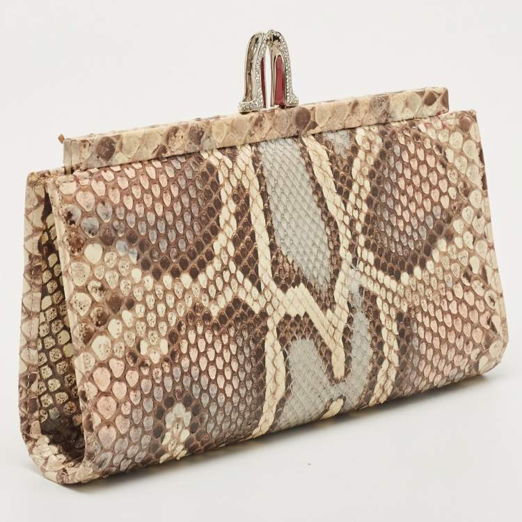 Pre Owned Christian Louboutin Multicolor Python Crystals Embellished Lock Frame Clutch