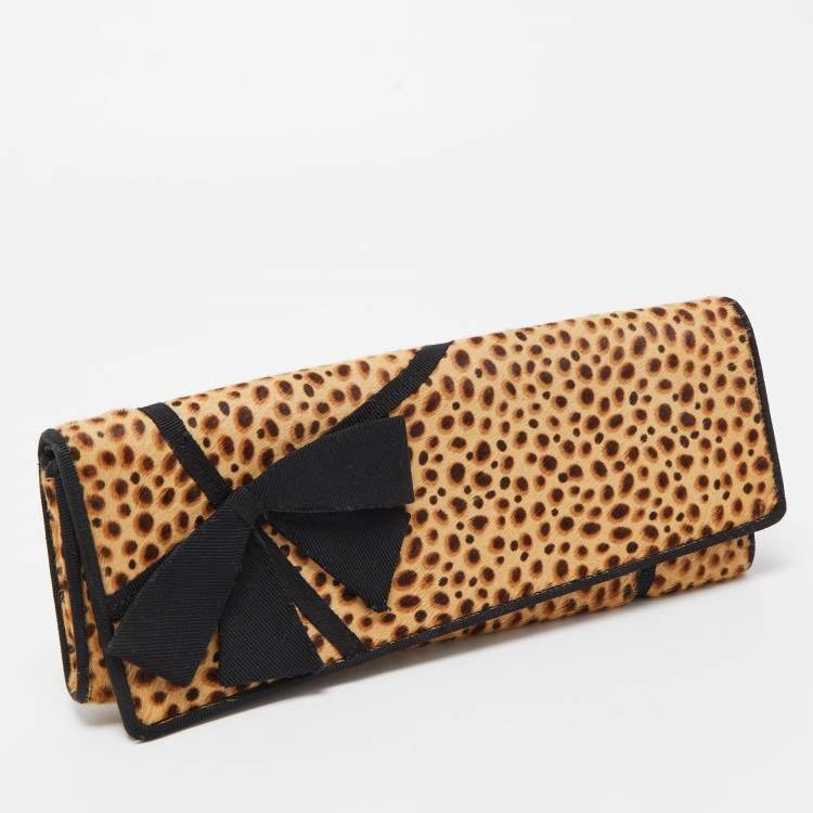 Pre Owned Christian Louboutin Beige/Black Leopard Print Calfhir Bow Flap Clutch