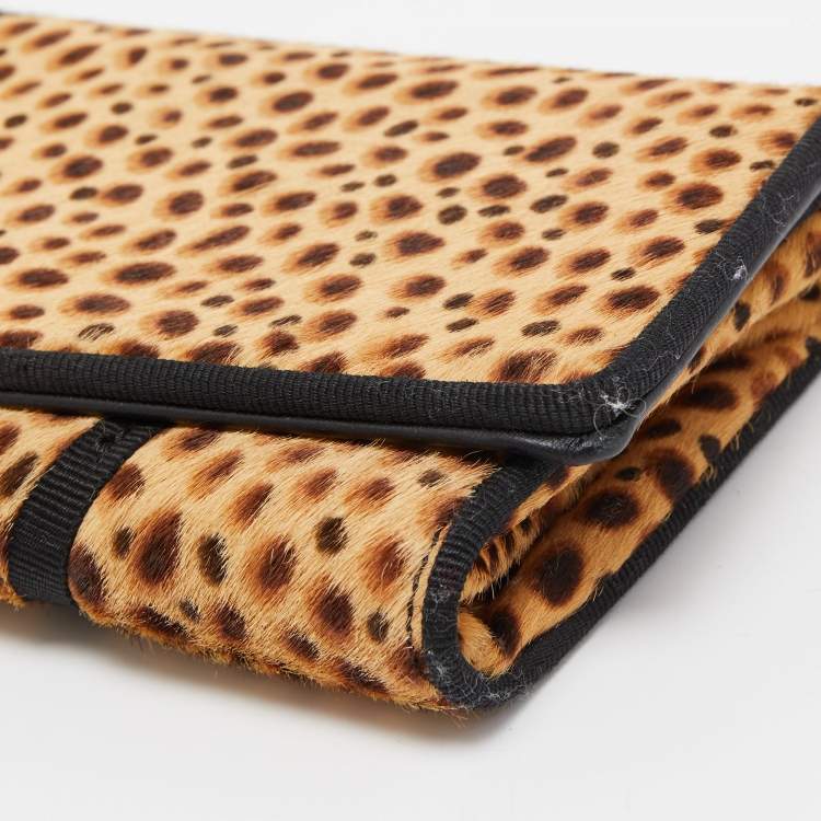 Pre Owned Christian Louboutin Beige/Black Leopard Print Calfhir Bow Flap Clutch