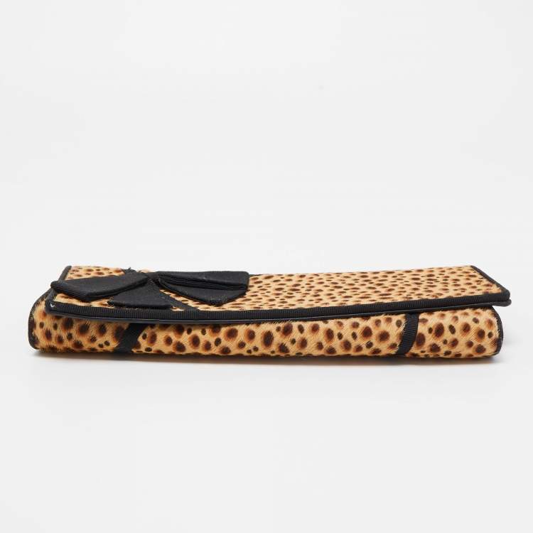 Pre Owned Christian Louboutin Beige/Black Leopard Print Calfhir Bow Flap Clutch