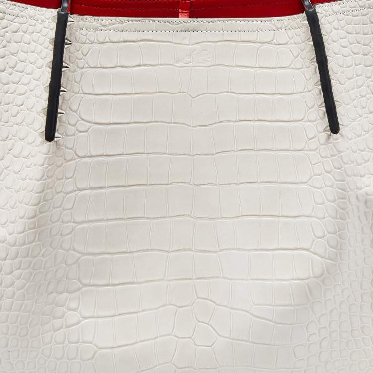 Pre Owned Christian Louboutin Off White Croc Embossed Leather Cabarock Shopper Tote
