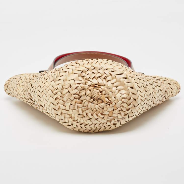 Pre Owned Christian Louboutin Brown/Cream Woven Raffia and Leather Small Loubishore Tote