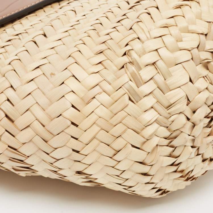 Pre Owned Christian Louboutin Brown/Cream Woven Raffia and Leather Small Loubishore Tote