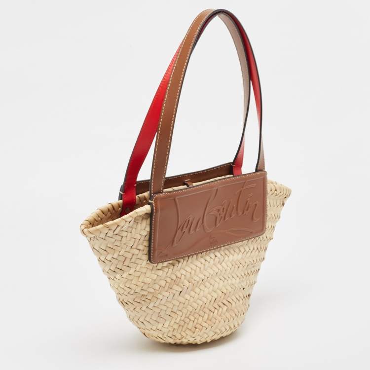 Pre Owned Christian Louboutin Brown/Cream Woven Raffia and Leather Small Loubishore Tote