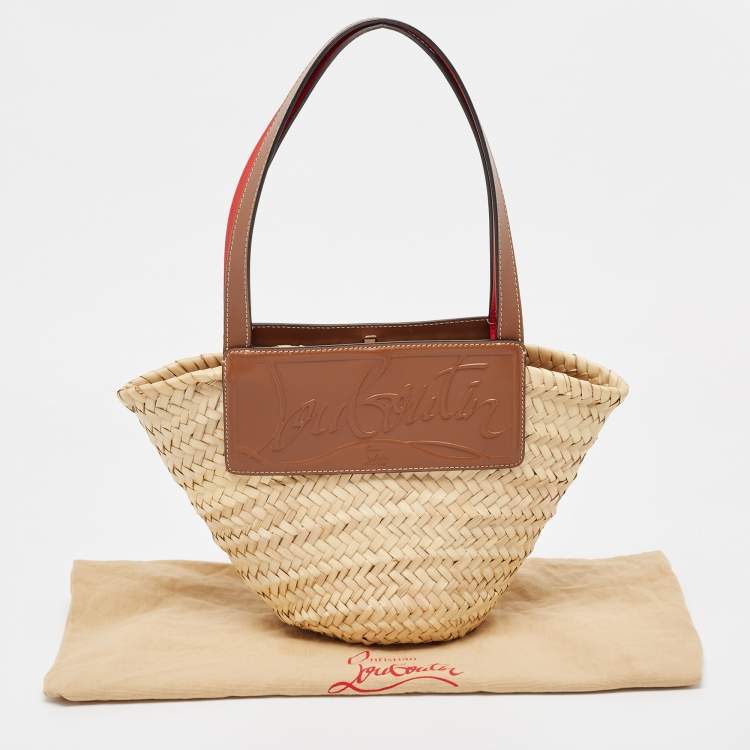 Pre Owned Christian Louboutin Brown/Cream Woven Raffia and Leather Small Loubishore Tote
