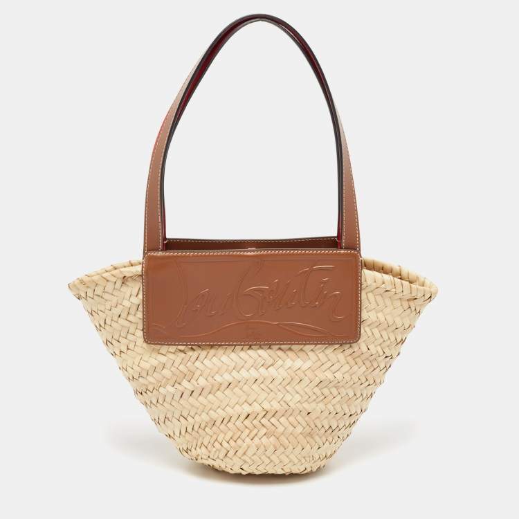 Pre Owned Christian Louboutin Brown/Cream Woven Raffia and Leather Small Loubishore Tote