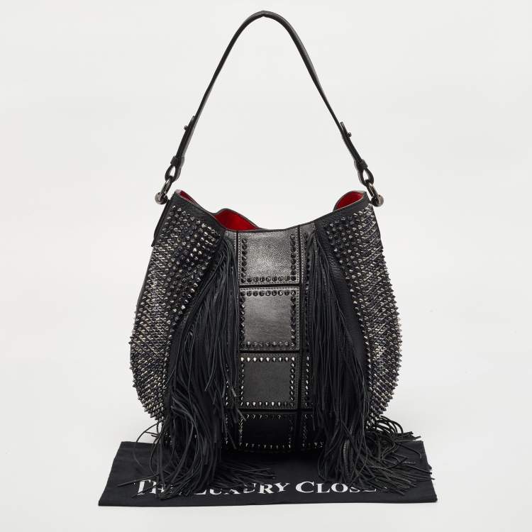 Pre Owned Christian Louboutin Black Spiked Leather Lucky L Fringe Hobo