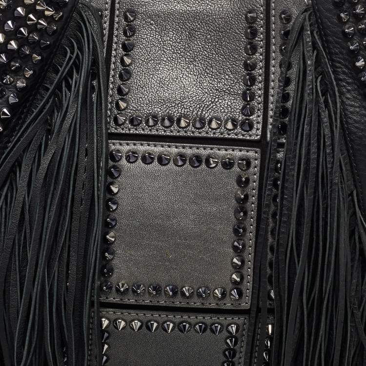 Pre Owned Christian Louboutin Black Spiked Leather Lucky L Fringe Hobo