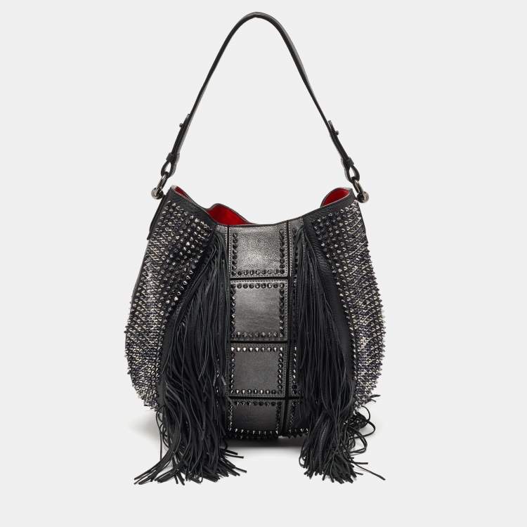Pre Owned Christian Louboutin Black Spiked Leather Lucky L Fringe Hobo