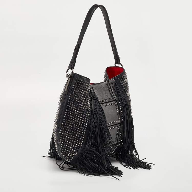 Pre Owned Christian Louboutin Black Spiked Leather Lucky L Fringe Hobo