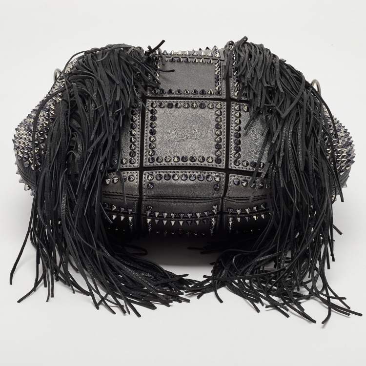 Pre Owned Christian Louboutin Black Spiked Leather Lucky L Fringe Hobo