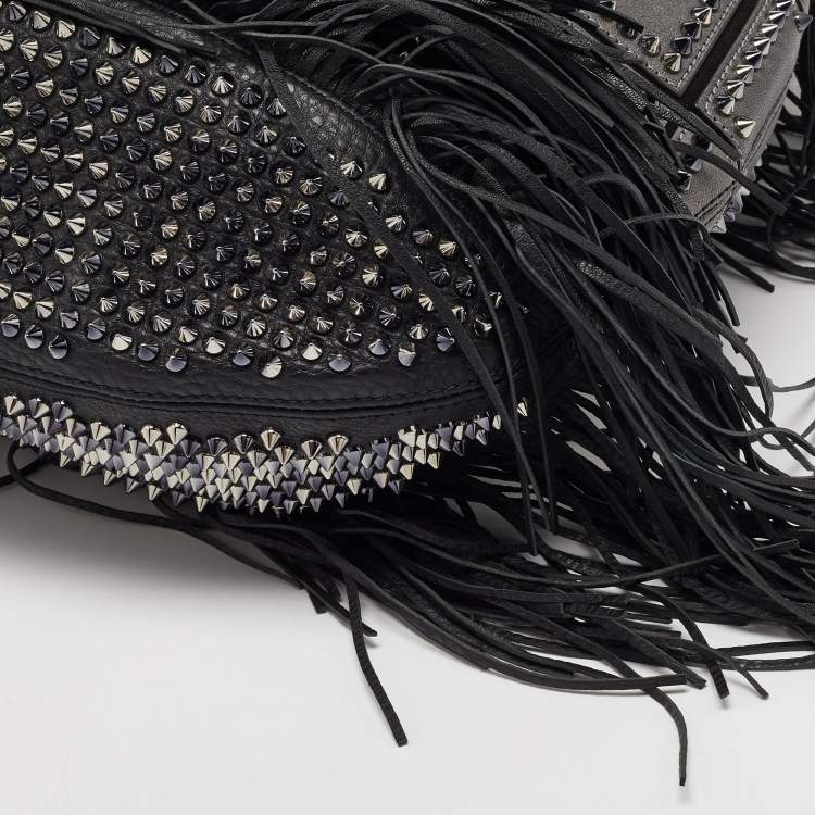 Pre Owned Christian Louboutin Black Spiked Leather Lucky L Fringe Hobo