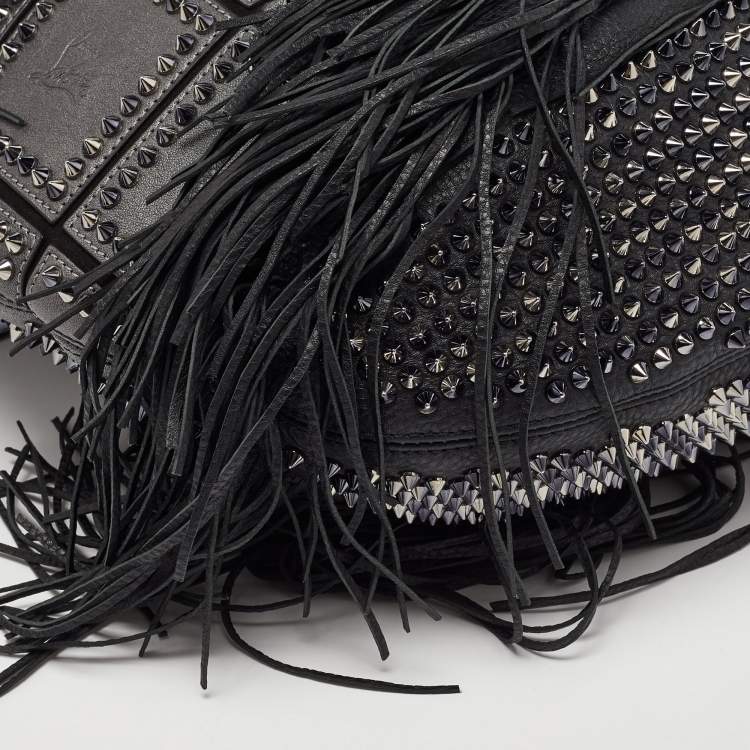 Pre Owned Christian Louboutin Black Spiked Leather Lucky L Fringe Hobo