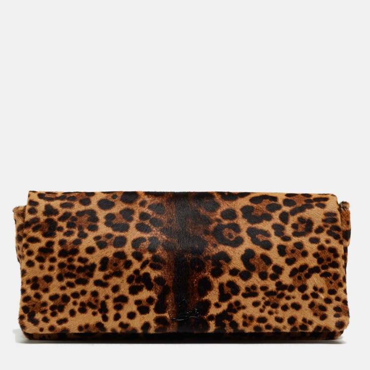 Pre Owned Christian Louboutin Beige/Black Leopard Print Calfhir Flap Clutch
