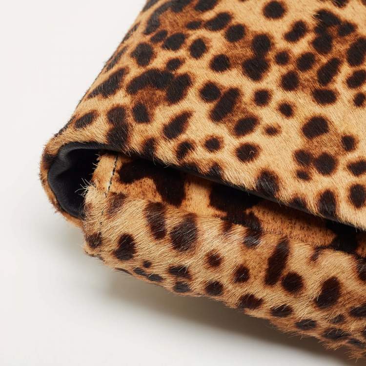 Pre Owned Christian Louboutin Beige/Black Leopard Print Calfhir Flap Clutch